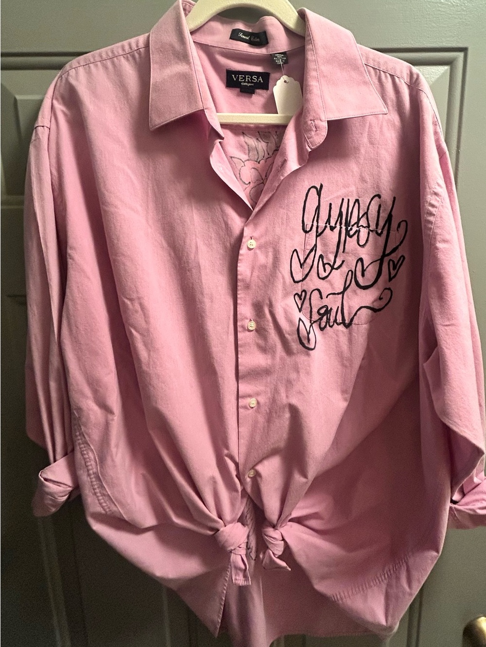 Versa Pink Upcycled Button-Up Shirt with Script Detail